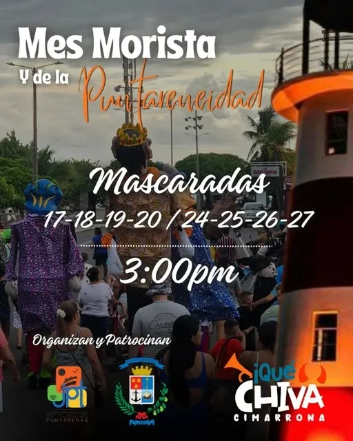 Celebración tradicional con mascaradas en Puntarenas, saliendo a las 3:00 pm desde el Edificio Municipal.