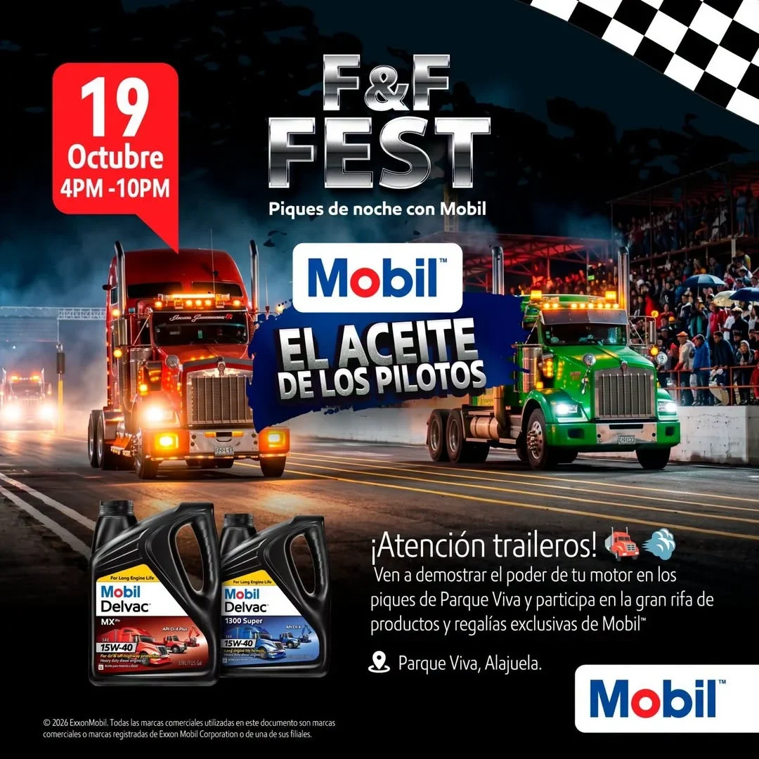 Piques nocturnos y exhibición de camiones y autos patrocinados por Mobil en el autódromo del Parque Viva, con rifas de productos Mobil.