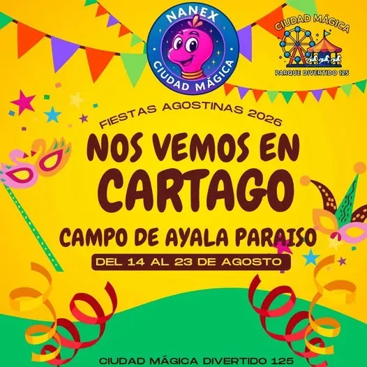 Disfruta de las Fiestas Agostinas en Paraíso de Cartago con juegos mecánicos y diversión para toda la familia.