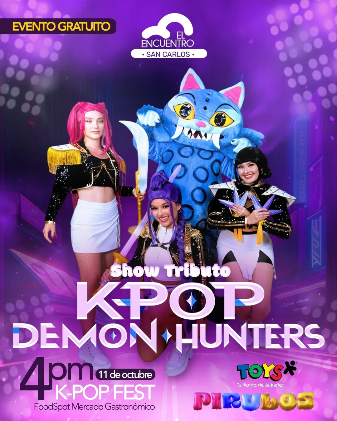 Disfruta un show tributo de K-Pop con coreografías y personajes en FoodSpot Mercado Gastronómico, San Carlos. Evento gratuito.