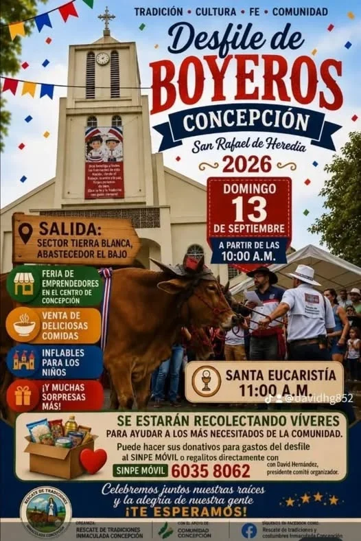 Desfile tradicional de boyeros en Concepción, San Rafael de Heredia, con feria de emprendedores, comida, actividades para niños y recolección de víveres.