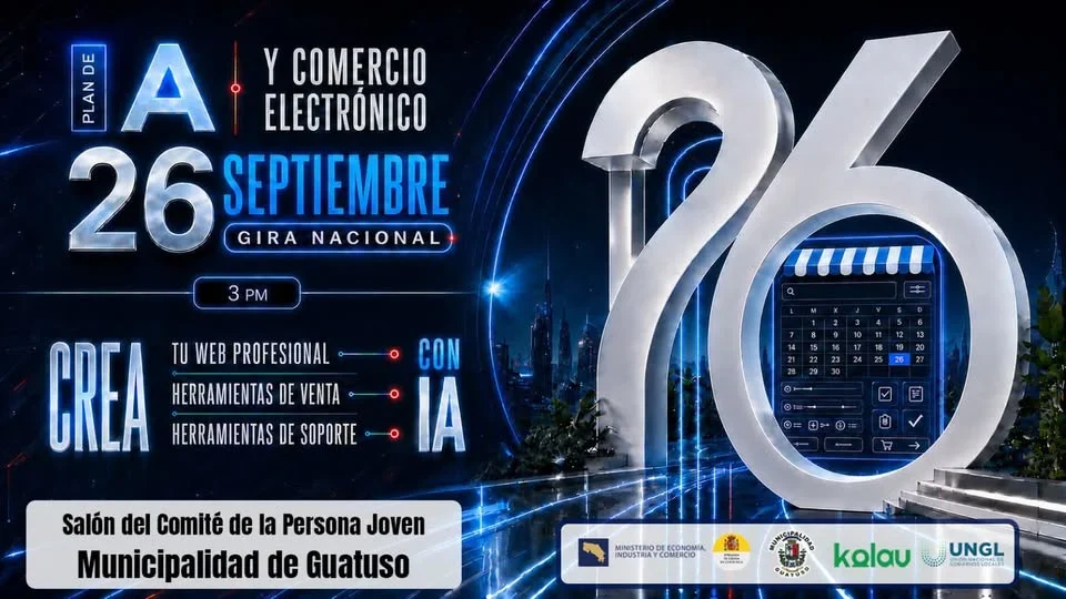 Evento para emprendedores y PYMEs en Guatuso sobre comercio electrónico e inteligencia artificial.
