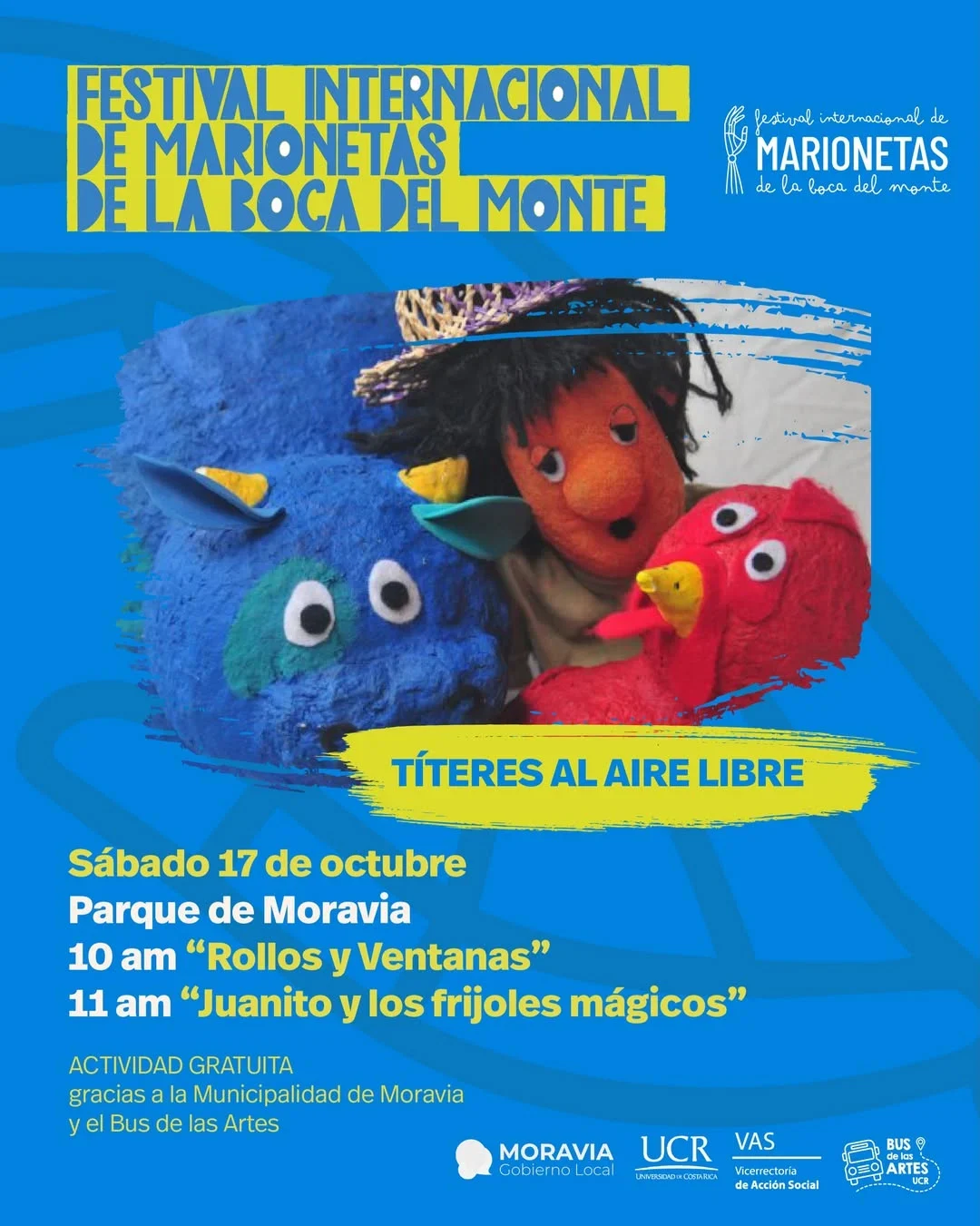 Funciones gratuitas de títeres al aire libre en el Parque de Moravia, con presentaciones a las 10:00 y 11:00 dentro del festival.