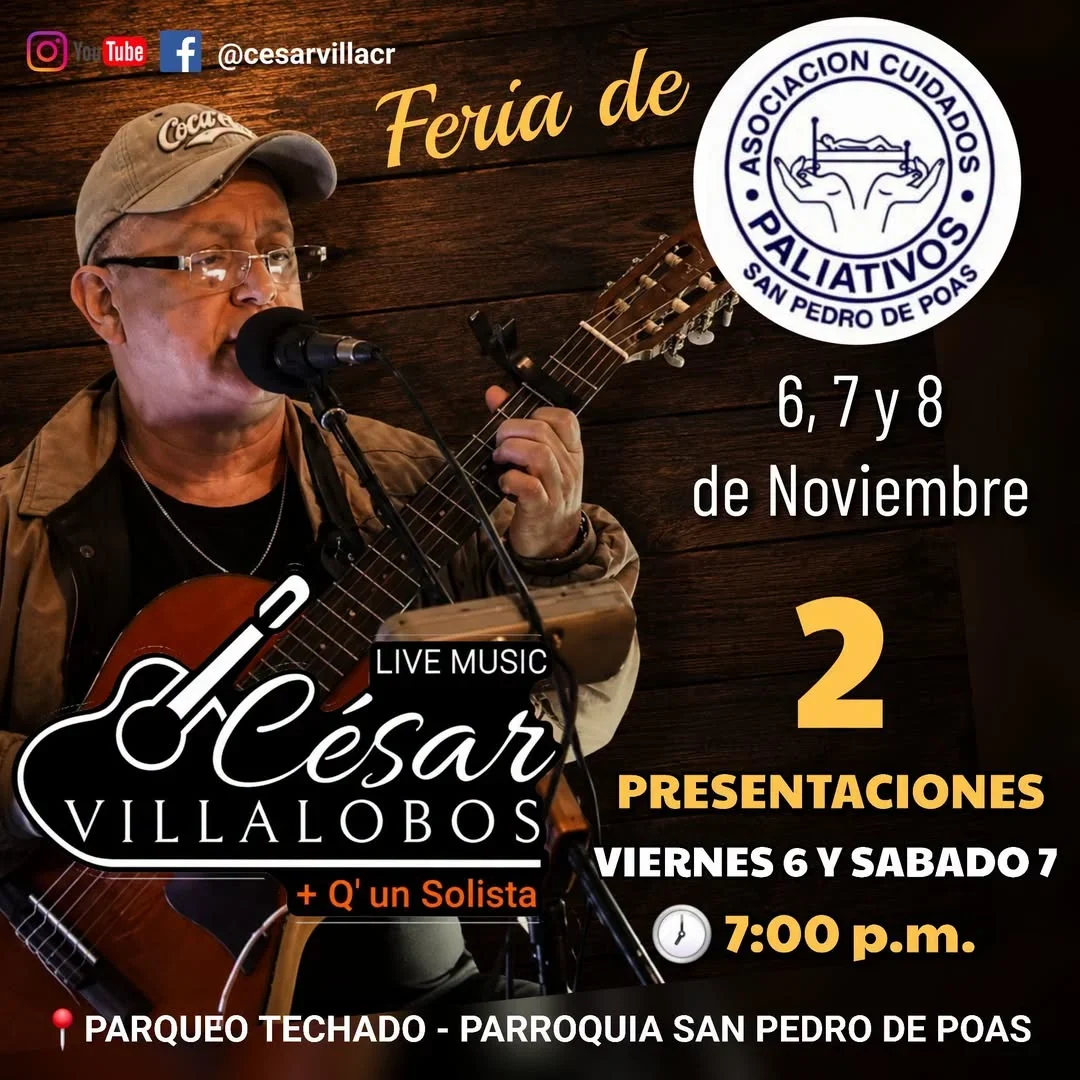 Evento musical y feria de Cuidados Paliativos en San Pedro de Poás con presentaciones en vivo los días 6 y 7 de noviembre.