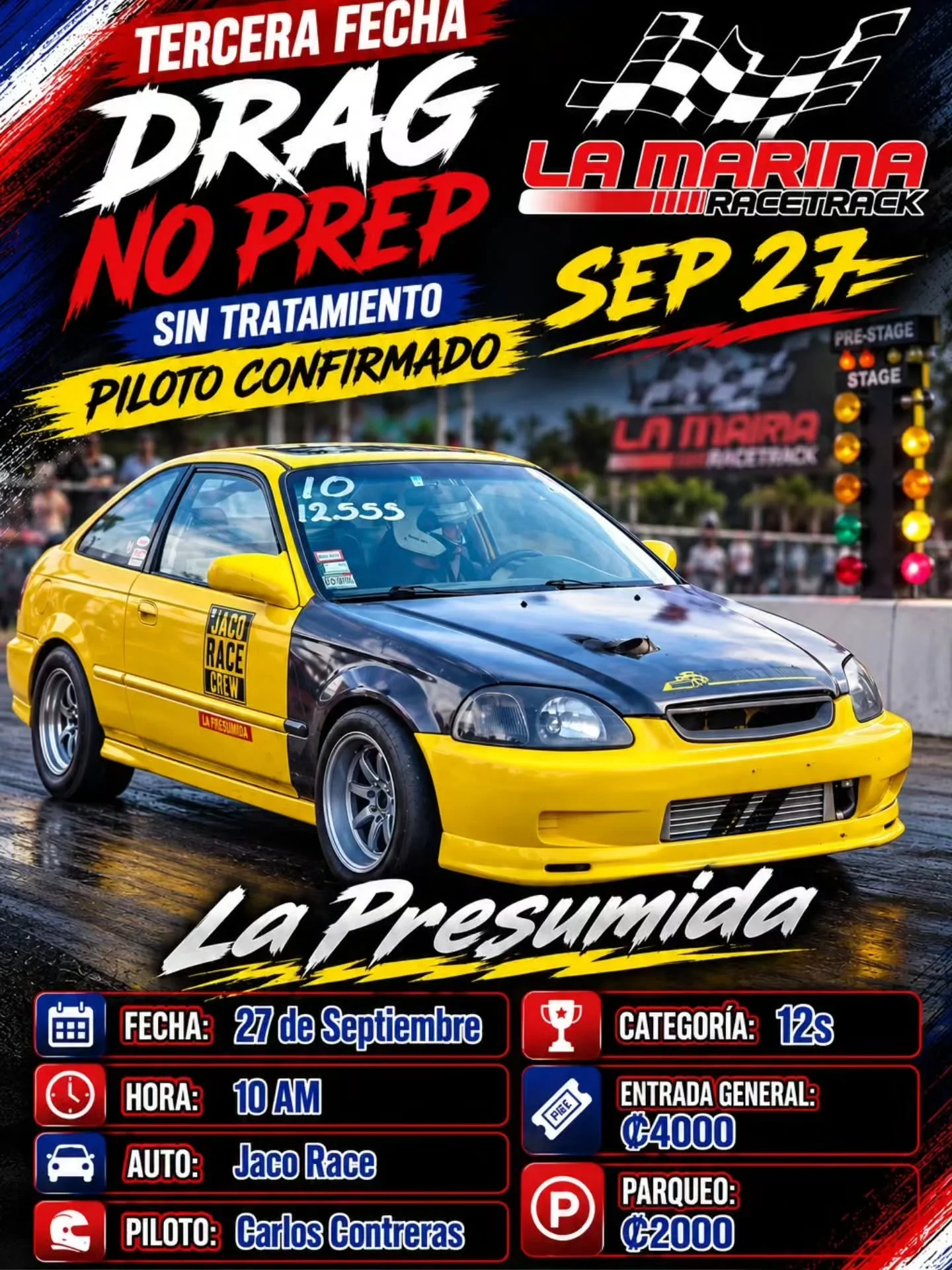Carrera Drag No Prep en La Marina Racetrack con la participación de Carlos Contreras y el auto Jaco Race.