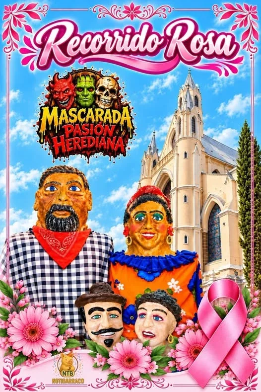 Recorrido y cimarrona organizada por Mascarada Pasión Herediana en honor a sobrevivientes y víctimas del cáncer de mama; salida desde Garage 28 en Heredia.