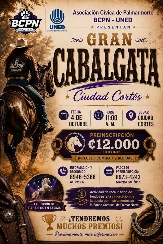 Cabalgata en Ciudad Cortés con premios, cena y música para apoyar a la Banda Comunal Palmar Norte.