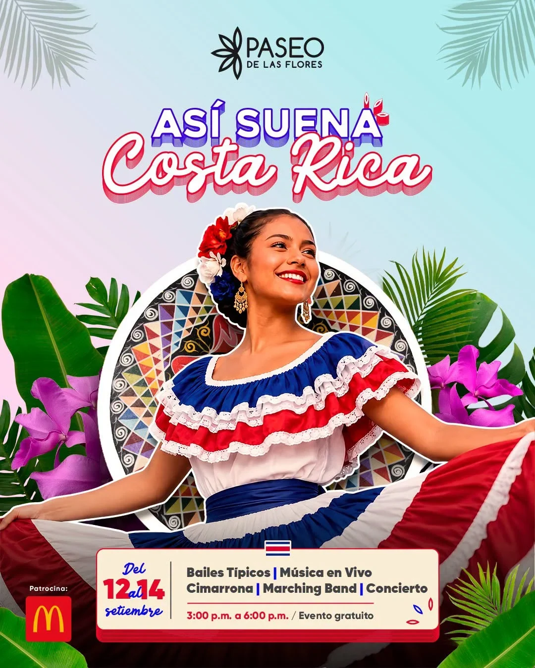 Celebra la historia y tradiciones costarricenses con música y bailes típicos en este evento gratuito.