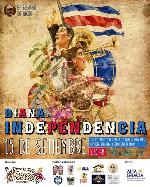 Diana patriótica el 15 de septiembre como preámbulo a los desfiles en el cantón, en memoria de Lacho y promoviendo tradiciones Cimarronas.