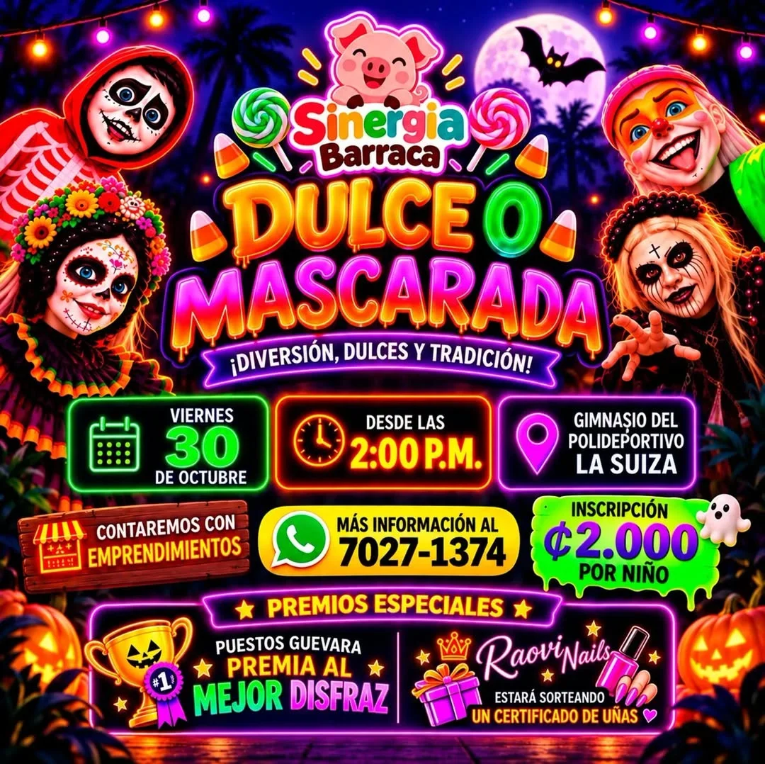 Evento comunitario de Halloween en La Suiza con recolección de dulces, cimarrona, emprendimientos y concurso de disfraces.