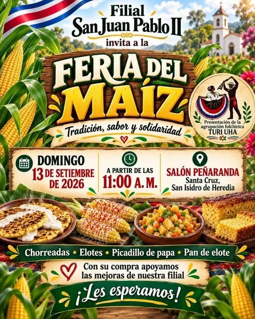 Evento gastronómico con tradición y solidaridad en Santa Cruz, San Isidro de Heredia, con productos típicos y presentación folclórica.